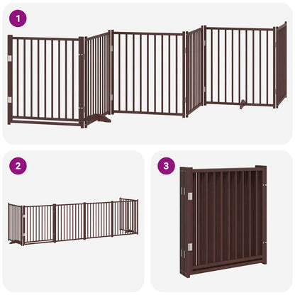 Dog Gate with Door Foldable 6 Panels Brown 480 cm Poplar Wood