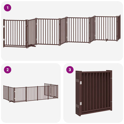Dog Gate with Door Foldable 8 Panels Brown 640 cm Poplar Wood