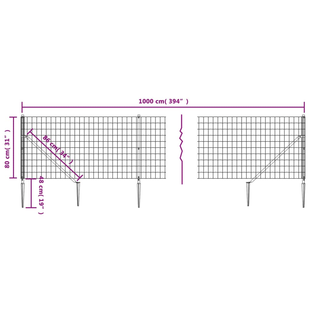 Wire Mesh Fence with Spike Anchors Green 0.8x10 m