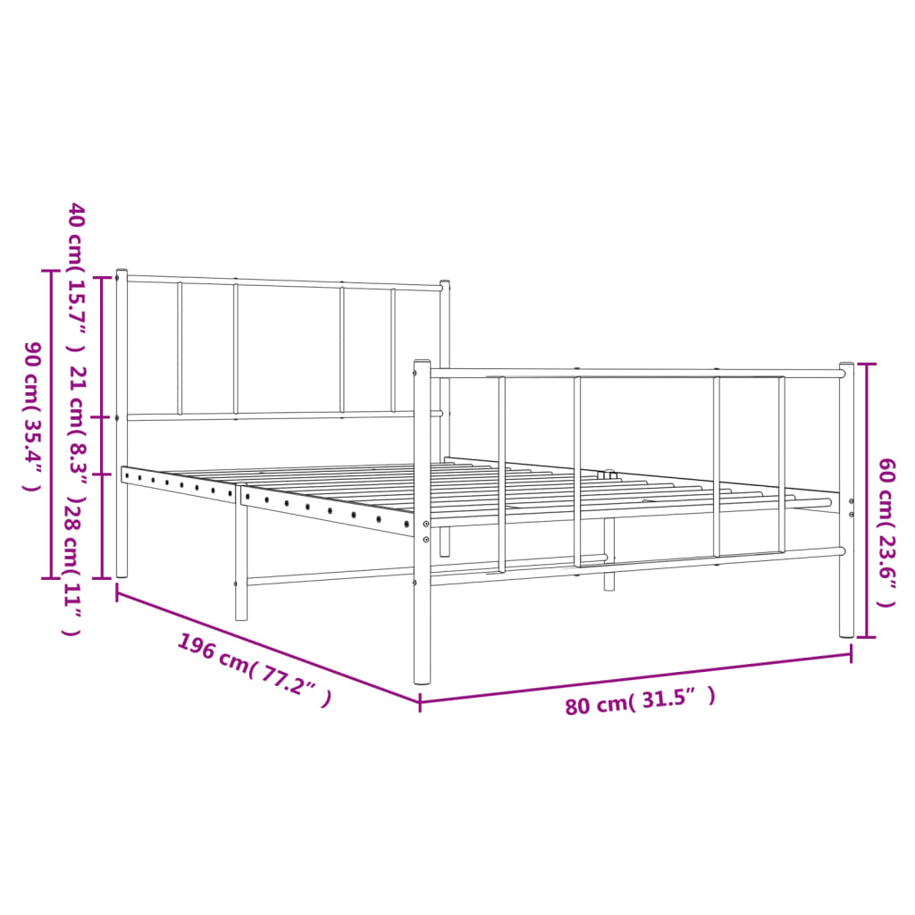 Metal Bed Frame without Mattress with Footboard Black 75x190cm