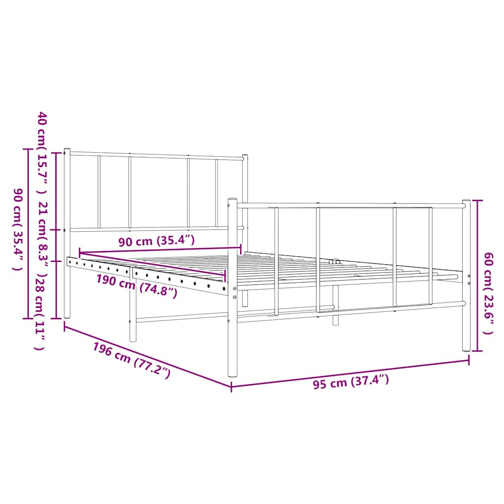 Metal Bed Frame without Mattress with Footboard White 90x190cm