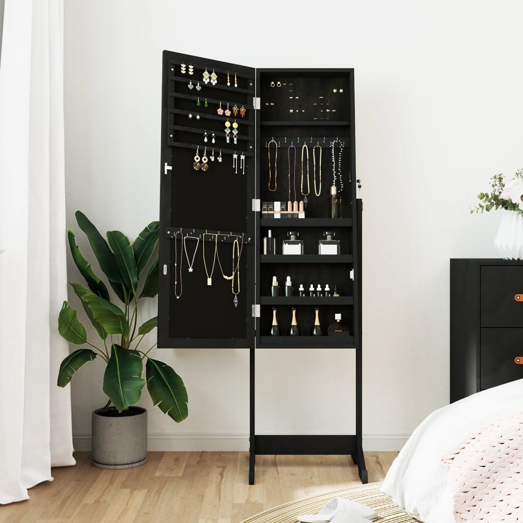 Mirror Jewellery Cabinet Free Standing Black 42x38x152 cm
