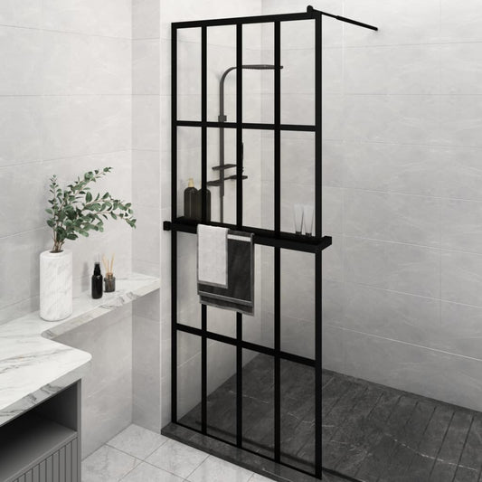 Walk-in Shower Wall with Shelf Black 80x195 cm ESG Glass&Aluminium