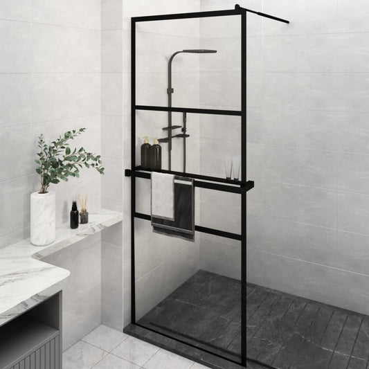 Walk-in Shower Wall with Shelf Black 80x195 cm ESG Glass&Aluminium