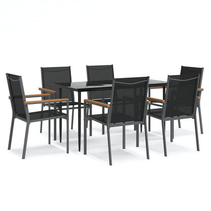 7 Piece Garden Dining Set Black Textilene and Steel