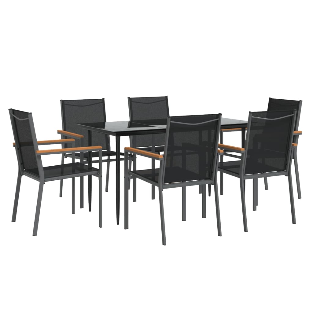 7 Piece Garden Dining Set Black Textilene and Steel