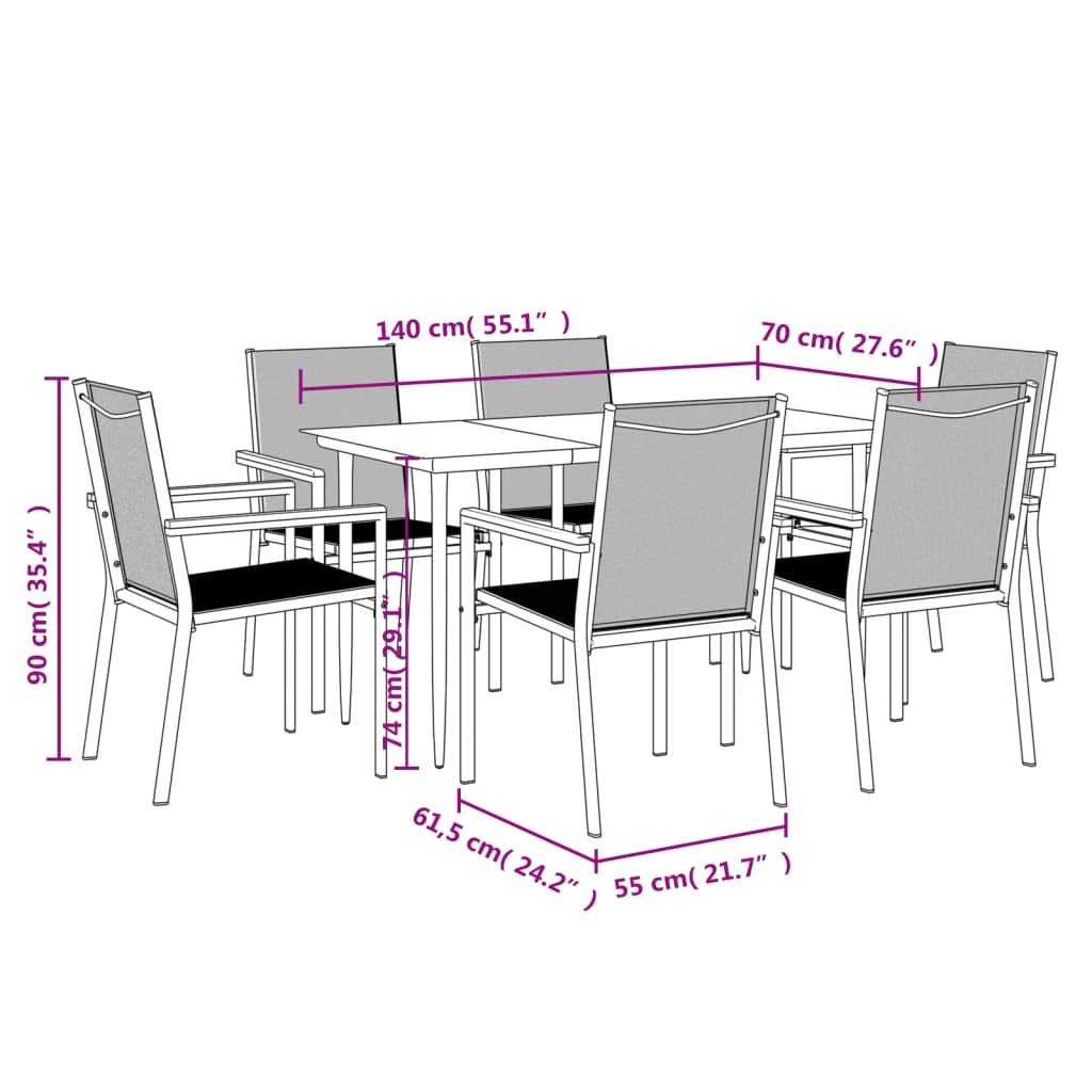 7 Piece Garden Dining Set Black Textilene and Steel