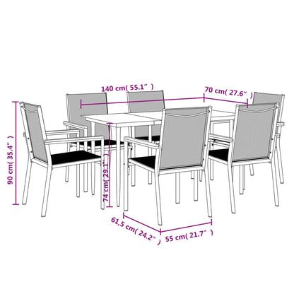 7 Piece Garden Dining Set Black Textilene and Steel