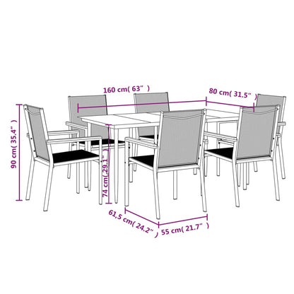 7 Piece Garden Dining Set Black Textilene and Steel