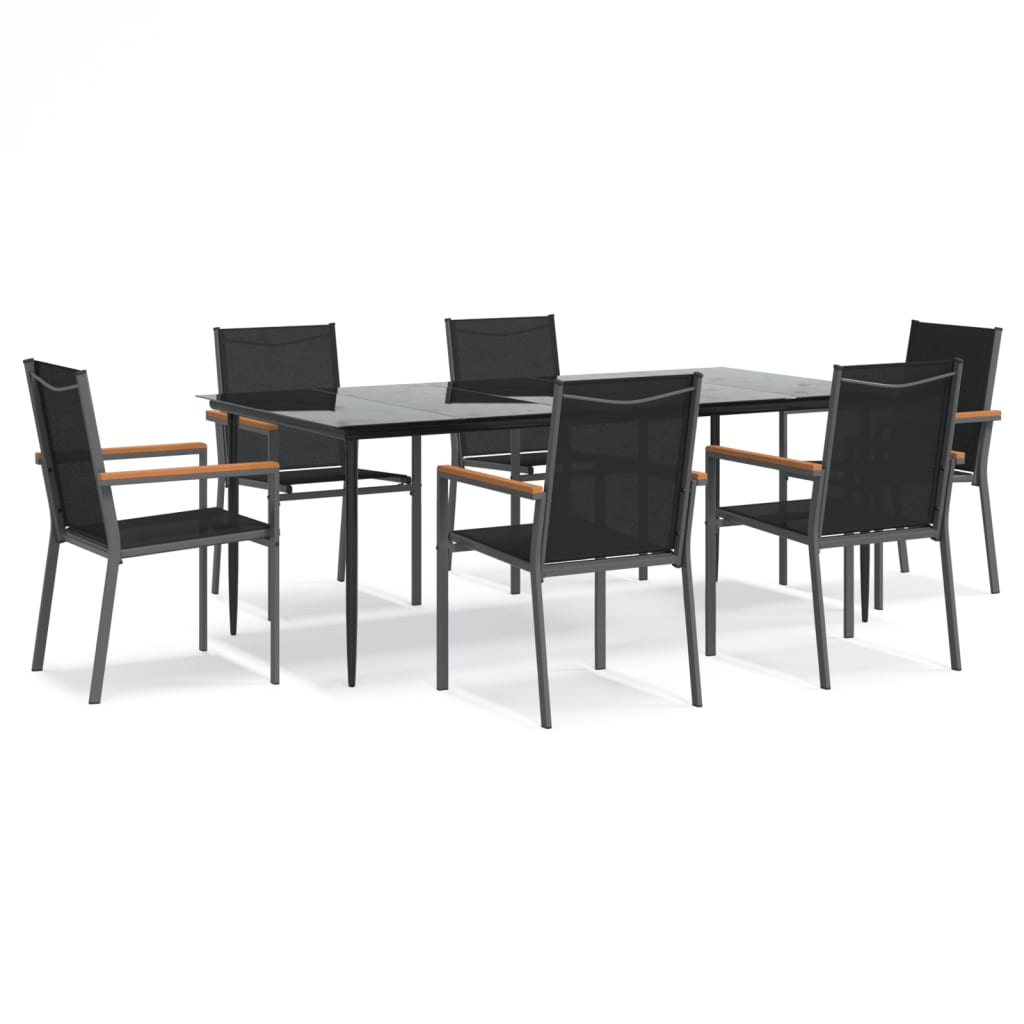 7 Piece Garden Dining Set Black Textilene and Steel