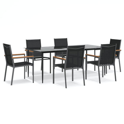 7 Piece Garden Dining Set Black Textilene and Steel