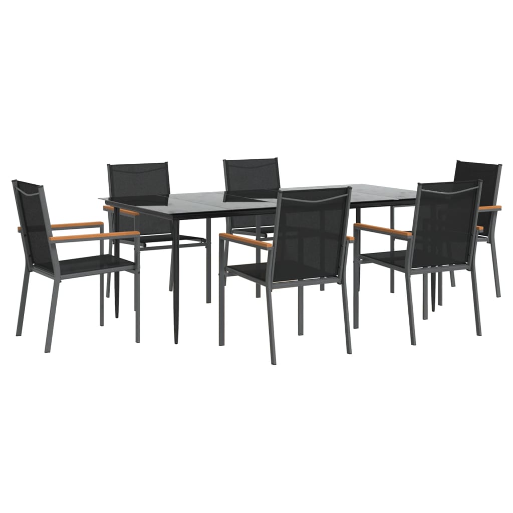 7 Piece Garden Dining Set Black Textilene and Steel