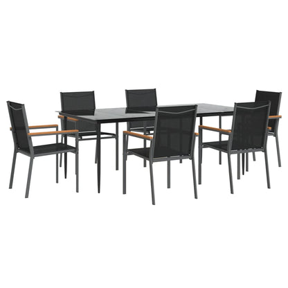 7 Piece Garden Dining Set Black Textilene and Steel