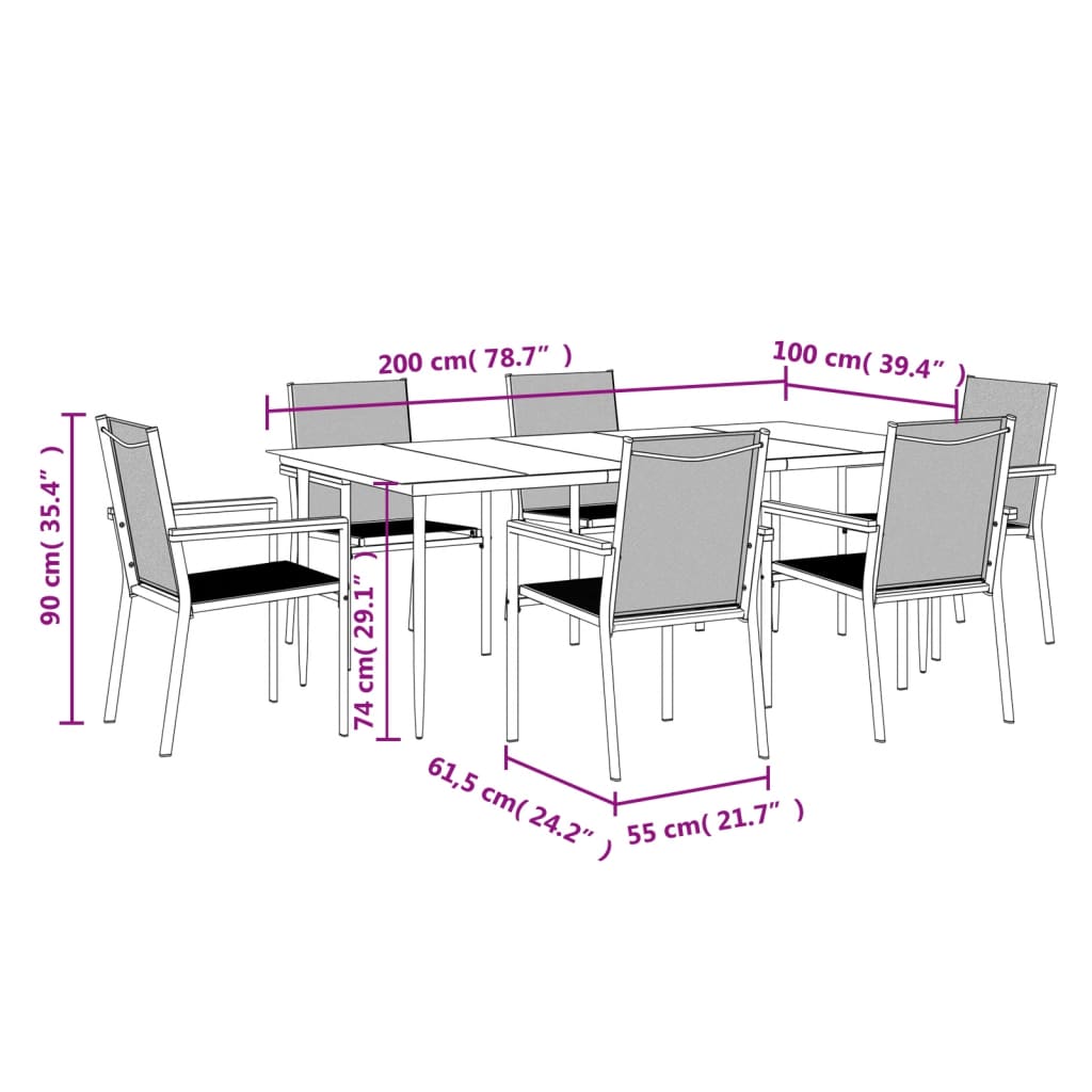 7 Piece Garden Dining Set Black Textilene and Steel