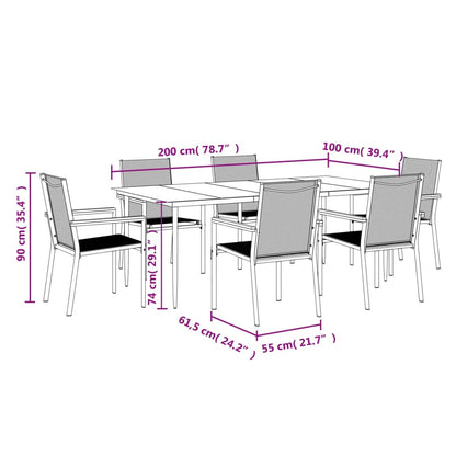 7 Piece Garden Dining Set Black Textilene and Steel