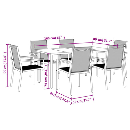 7 Piece Garden Dining Set Black Textilene and Steel