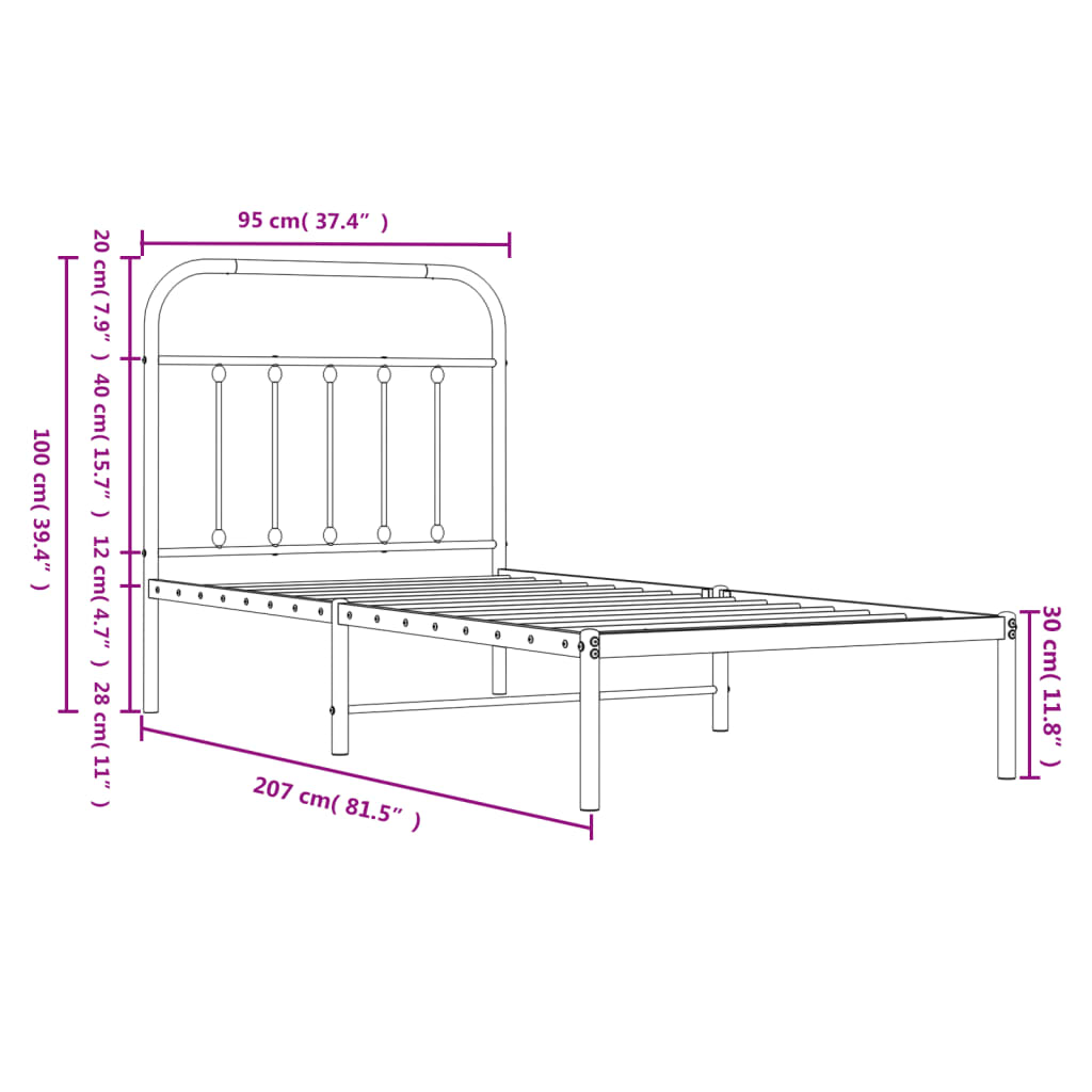 Metal Bed Frame without Mattress with Headboard White 90x200cm