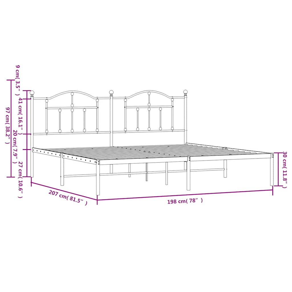 Metal Bed Frame without Mattress with Headboard Black 193x203cm