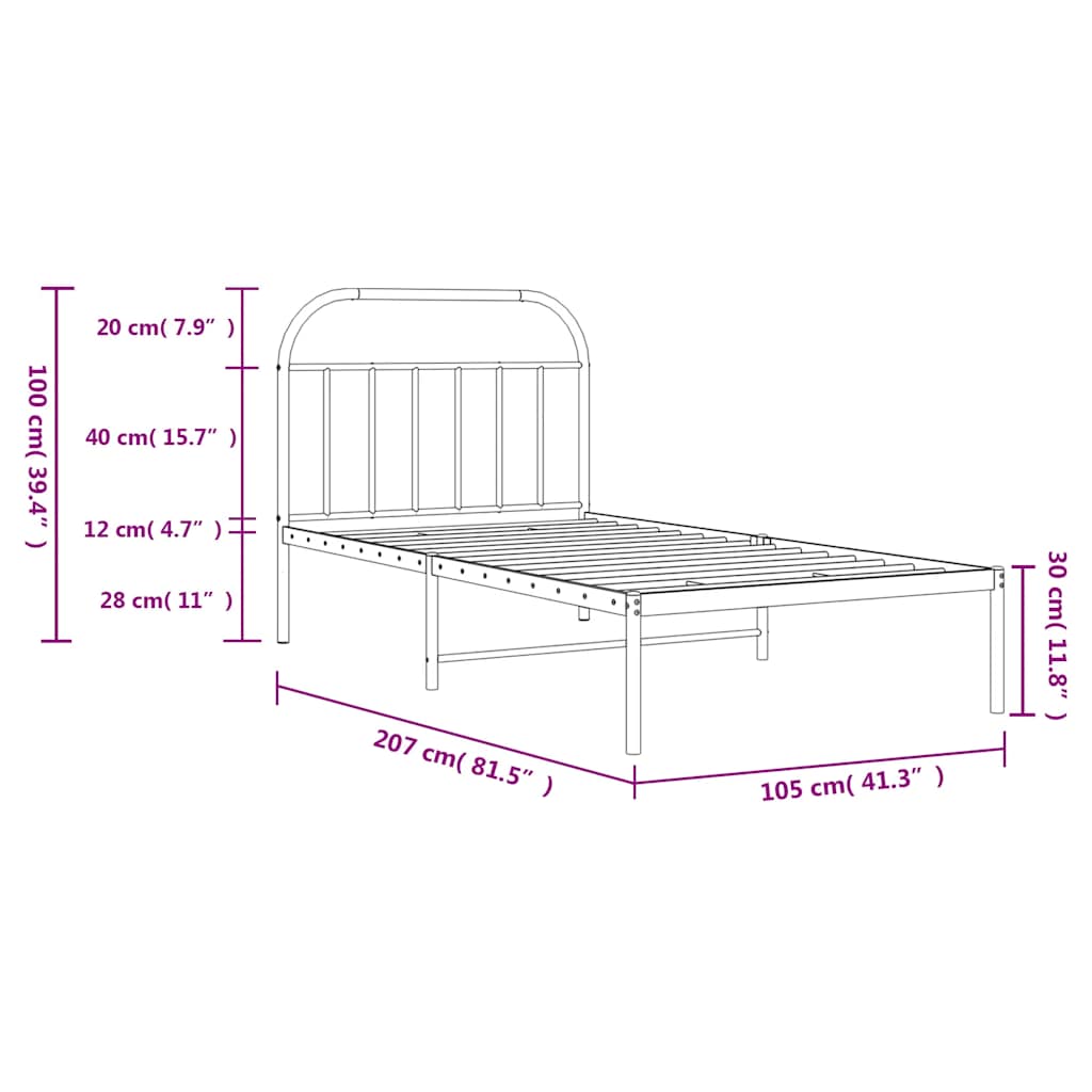 Metal Bed Frame without Mattress with Headboard Black 100x200cm