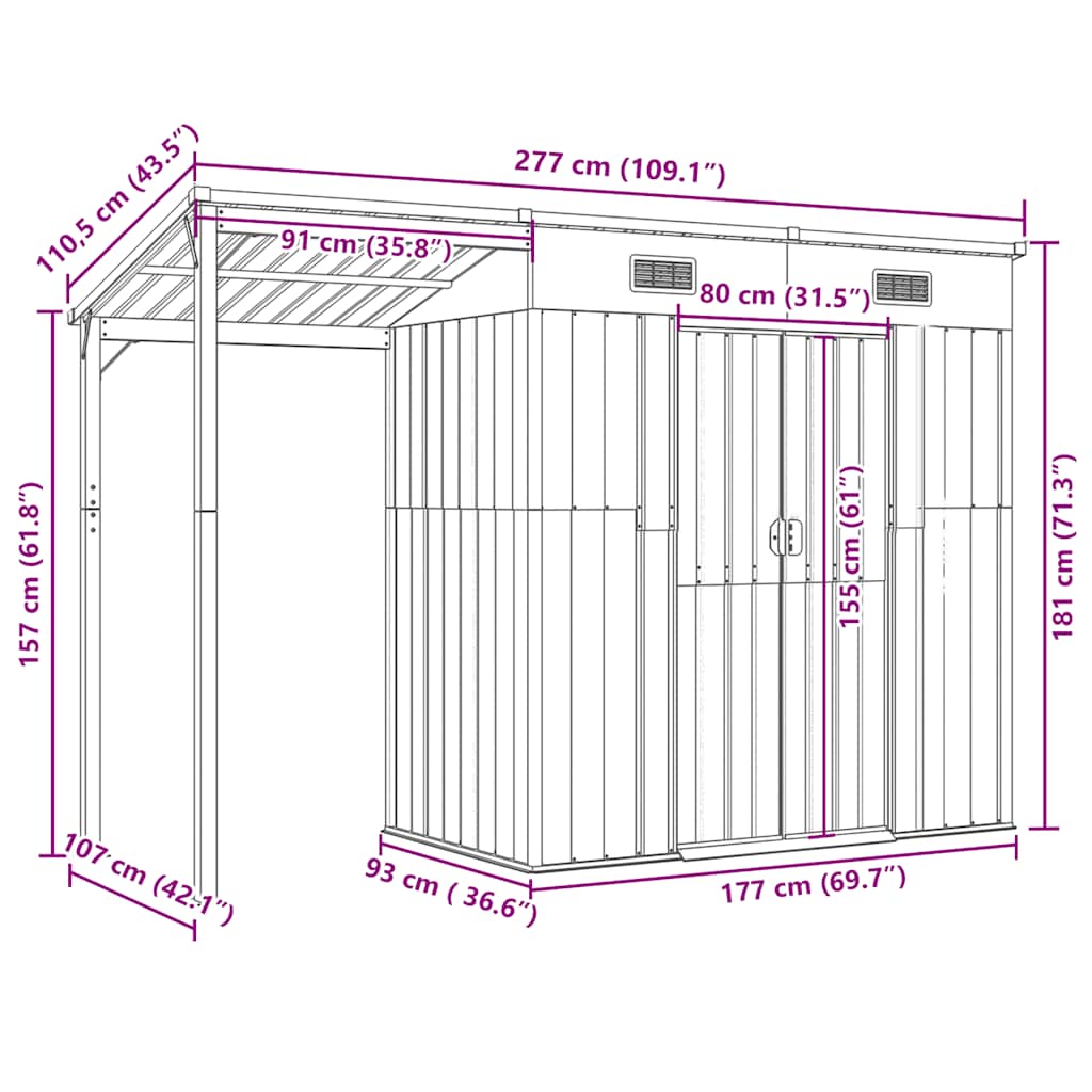 Garden Shed with Extended Roof Brown 277x107x181 cm Steel