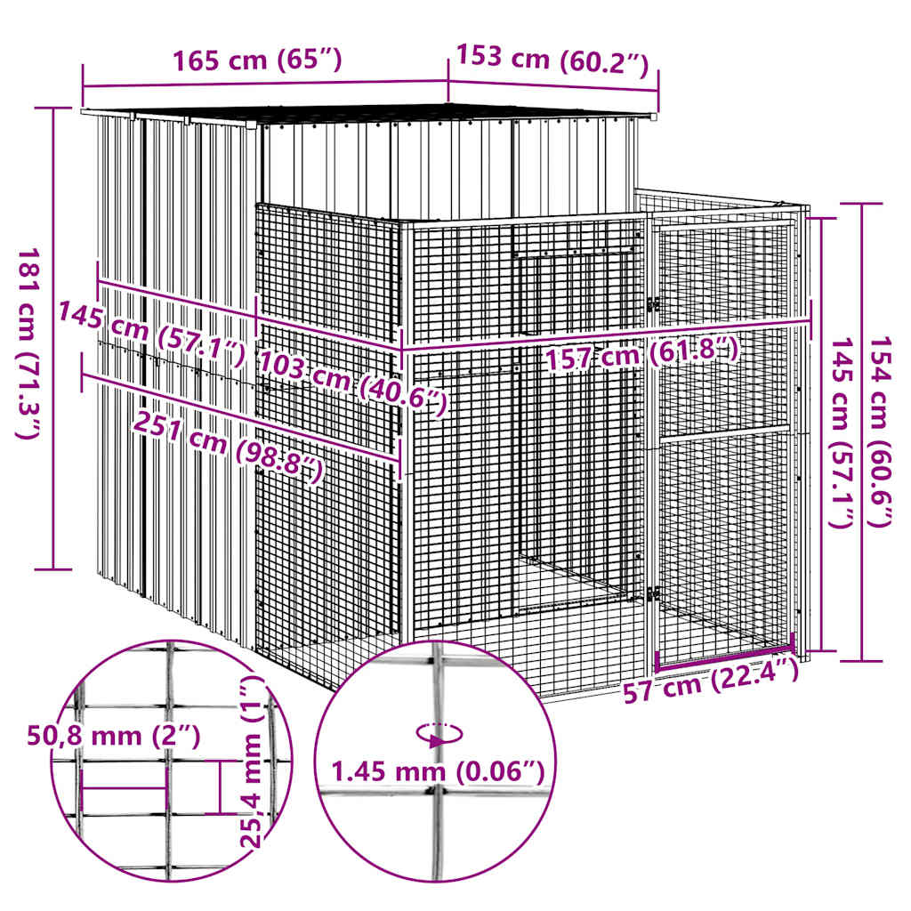 Dog House with Run Light Grey 165x251x181 cm Galvanised Steel