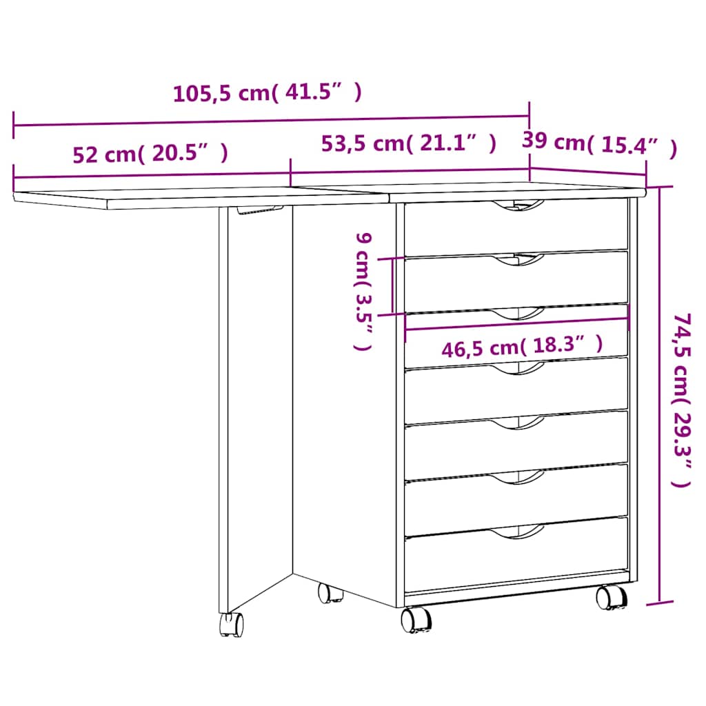 Rolling Cabinet with Desk MOSS White Solid Wood Pine