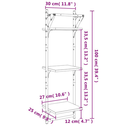 3-Tier Wall Shelves with Bars 2 pcs Smoked Oak 30x25x100 cm