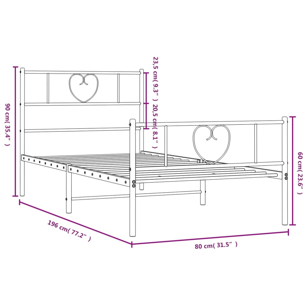 Metal Bed Frame without Mattress with Footboard Black 75x190cm