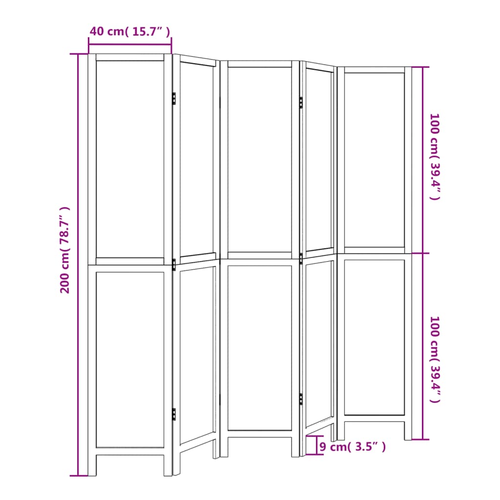 Room Divider 5 Panels Dark Brown Solid Wood Paulownia
