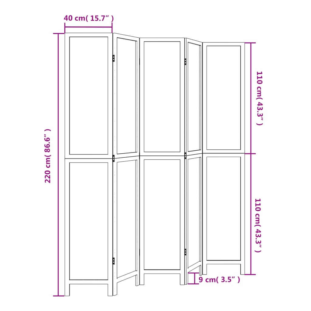 Room Divider 5 Panels Dark Brown Solid Wood Paulownia