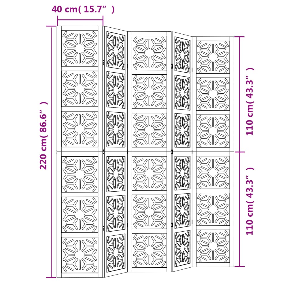 Room Divider 5 Panels Brown and Black Solid Wood Paulownia