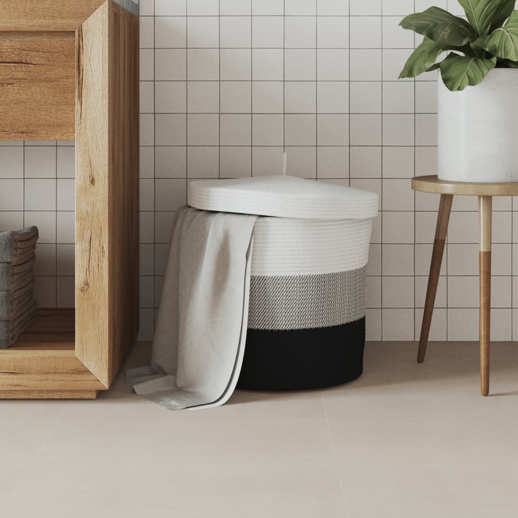 Storage Basket with Lid White and Black Ø40x35 cm Cotton