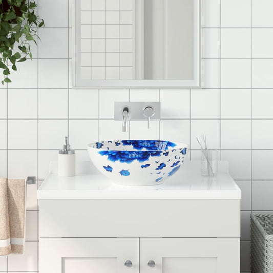 Countertop Basin White and Blue Round Φ41x14 cm Ceramic