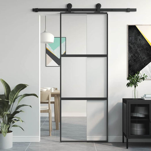 Sliding Door Black 76x205 cm Tempered Glass and Aluminium