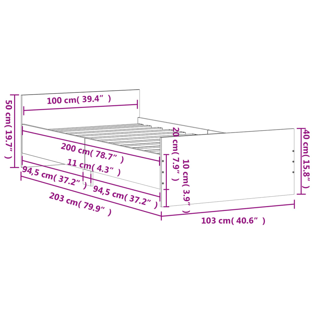 Bed Frame without Mattress Grey Sonoma 100x200 cm Engineered Wood