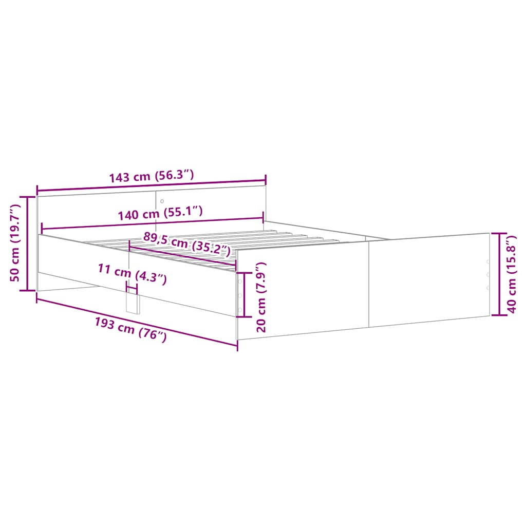 Bed Frame without Mattress Grey Sonoma 140x190 cm