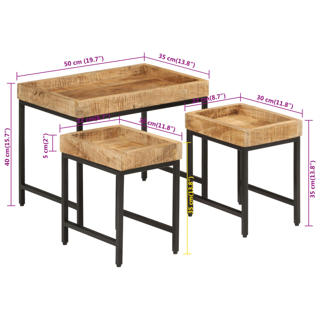 Nesting Coffee Tables 3 pcs Solid Rough Mango Wood and Iron