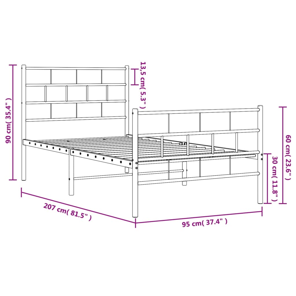 Metal Bed Frame without Mattress with Footboard Black 90x200cm