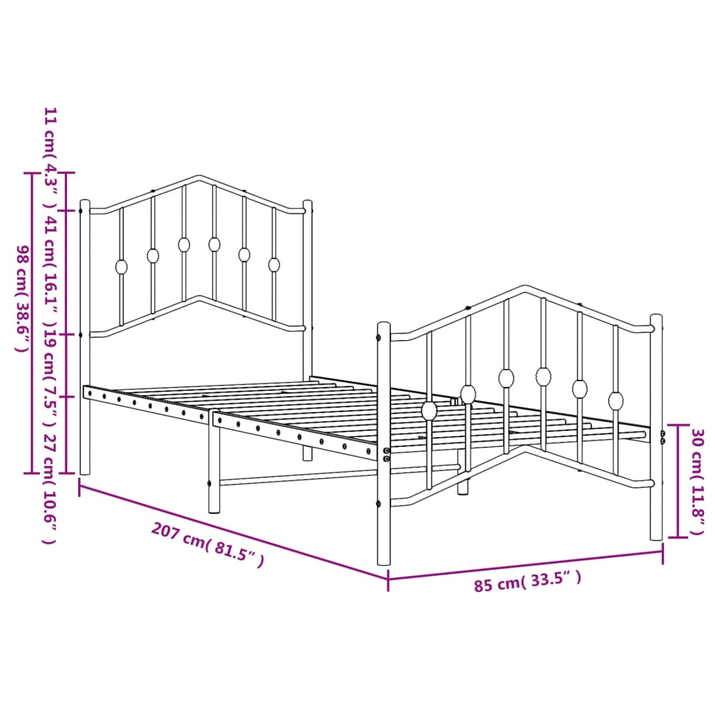 Metal Bed Frame without Mattress with Footboard Black 80x200cm