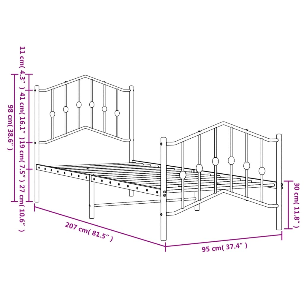 Metal Bed Frame without Mattress with Footboard White 90x200cm