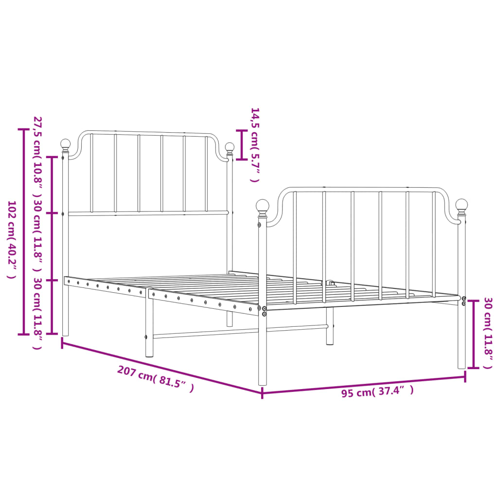 Metal Bed Frame without Mattress with Footboard Black 90x200cm