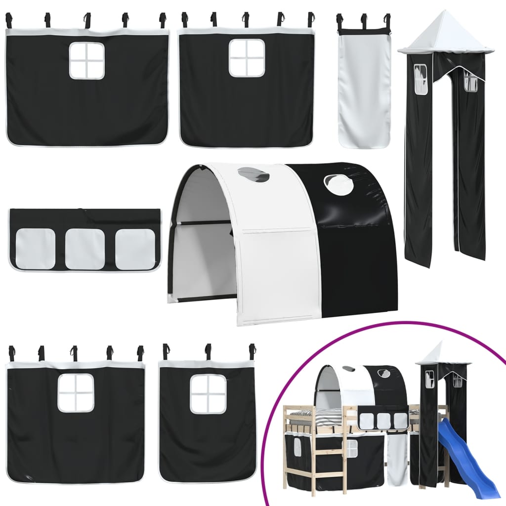 Curtains for Loft Bed with Tunnel and Tower White and Black