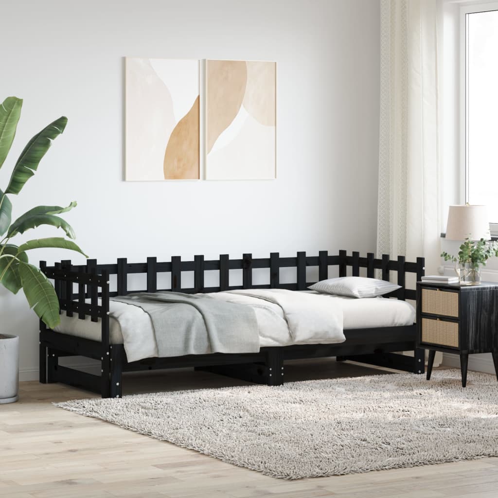 Pull-out Day Bed without Mattress Black 2x(90x200) cm Solid Wood
