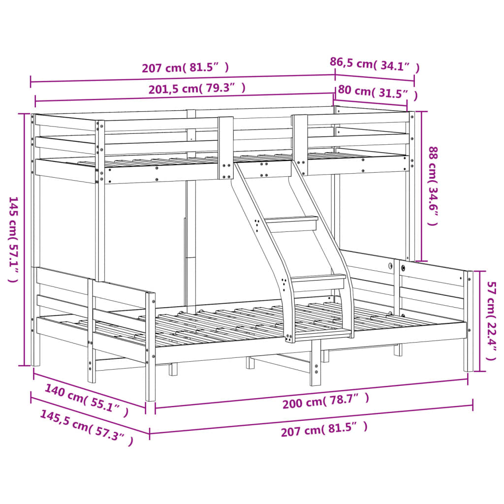 Bunk Bed without Mattress 80x200/140x200 cm White Solid Wood