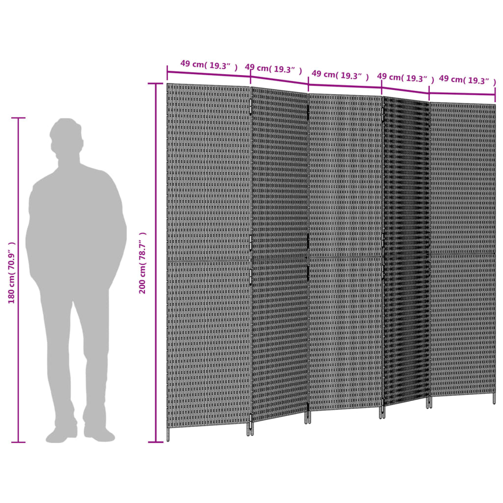 Room Divider 5 Panels Brown Poly Rattan