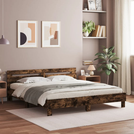 Bed Frame with LED without Mattress Smoked Oak 200x200 cm