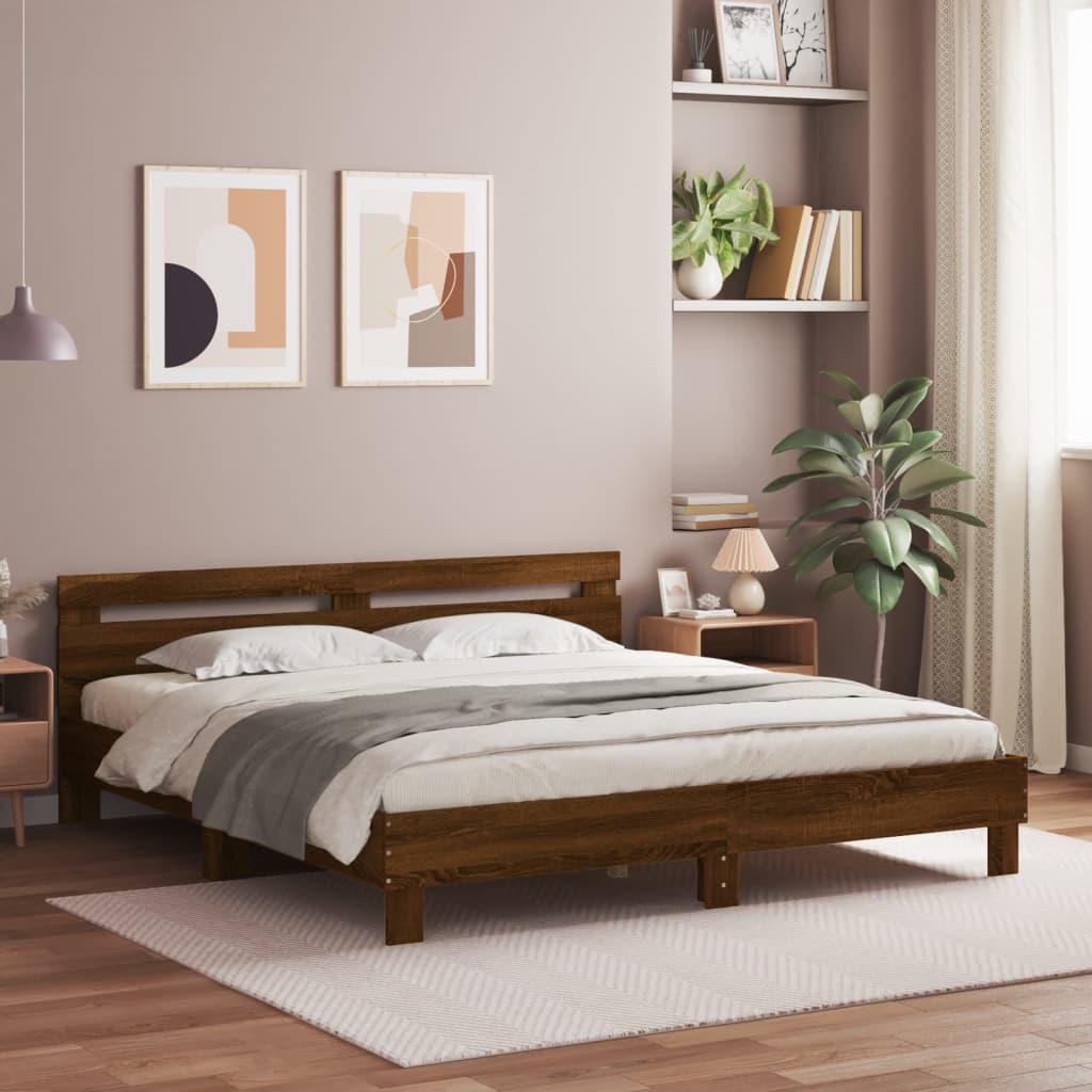 Bed Frame with LED without Mattress Brown Oak 180x200 cm Super King