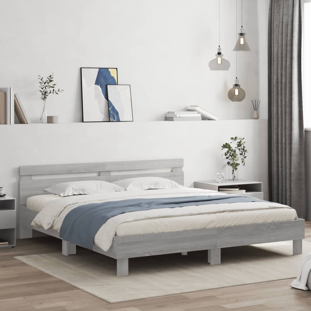 Bed Frame with LED without Mattress Grey Sonoma 160x200 cm