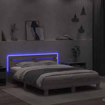 Bed Frame with LED without Mattress Grey Sonoma 150x200 cm King Size