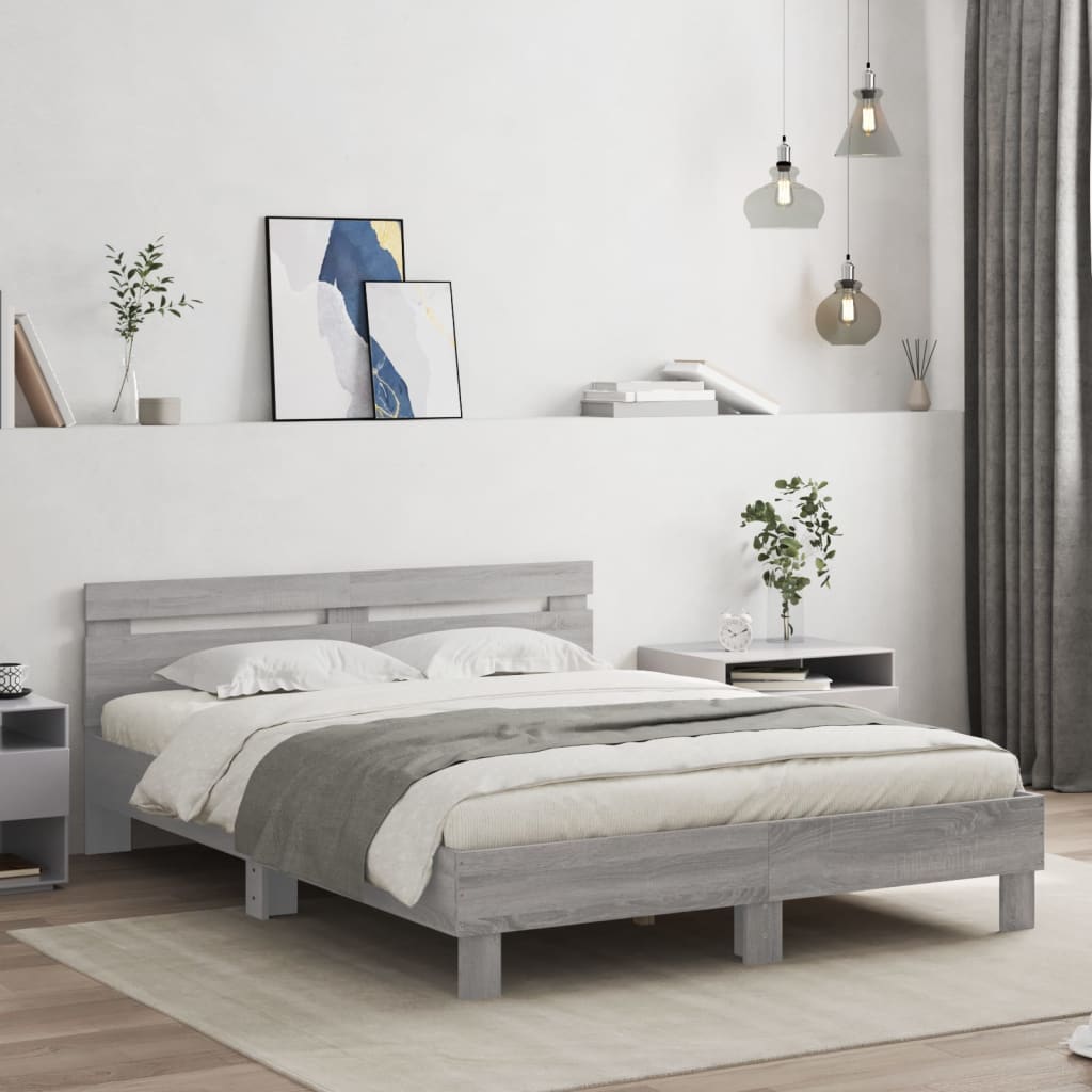 Bed Frame with LED without Mattress Grey Sonoma 150x200 cm King Size